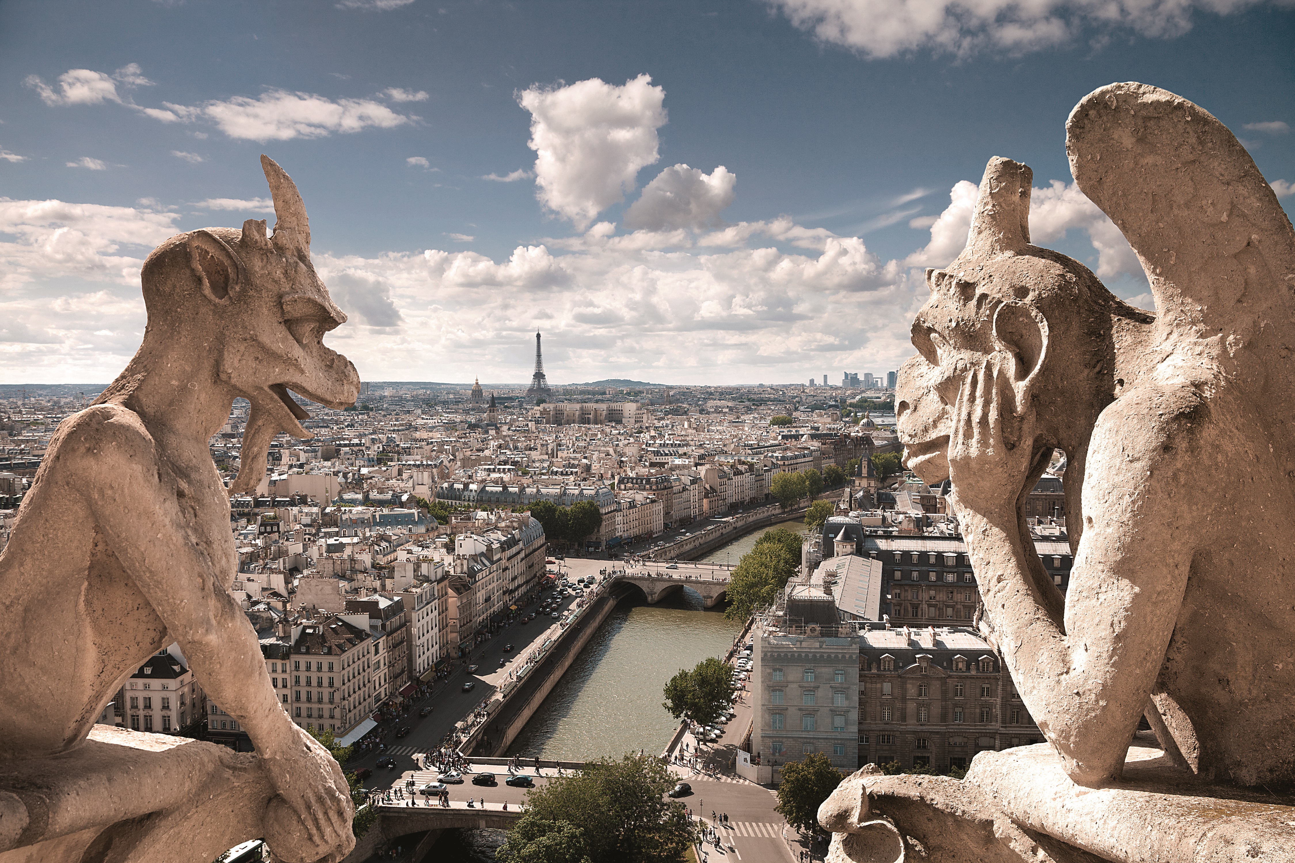 Two stone gargoyles of Notre-Dame Cathedral gaze at the Paris skyline with the Eiffel Tower and the Seine under a cloudy sky.